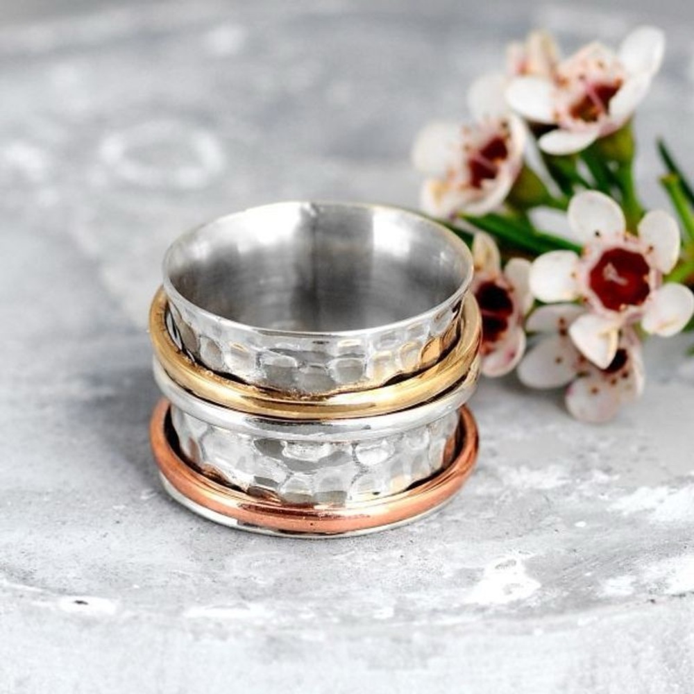 🔥NEW Faux Turquoise Multi-metal Gold Copper Hammered Silver Fashion ring gift - Picture 4 of 4